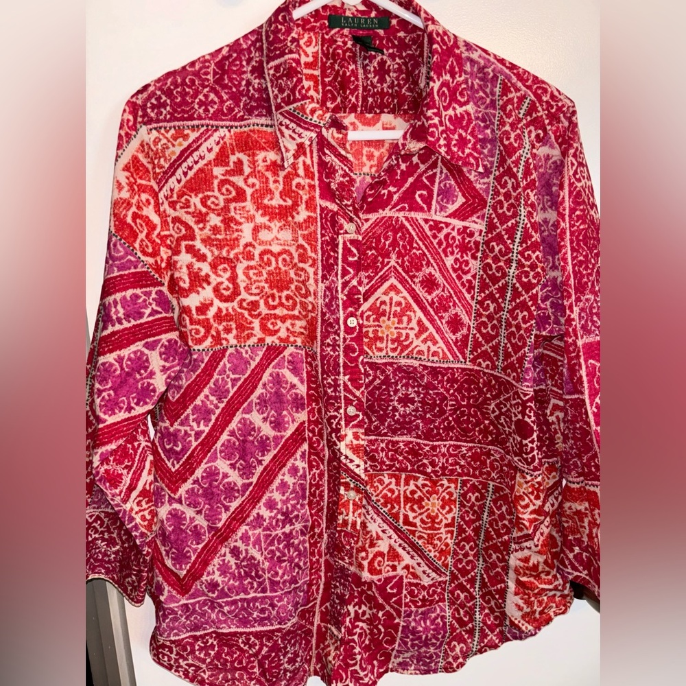 Ralph Lauren 100% Cotton Top Oong Sleeve Magenta Patterned Shirt Size XL